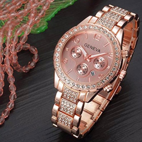 Rose Gld Floating Crystal Calendar Geneva SS Watch - Picture 3 of 8